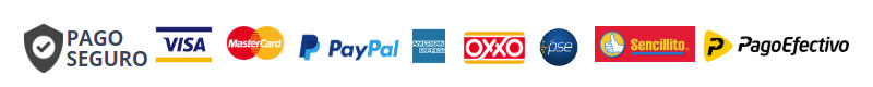 Medios de pago: Visa, Mastercard, PayPal, American Express, OXXO, PSE, Sencillito, PagoEfectivo